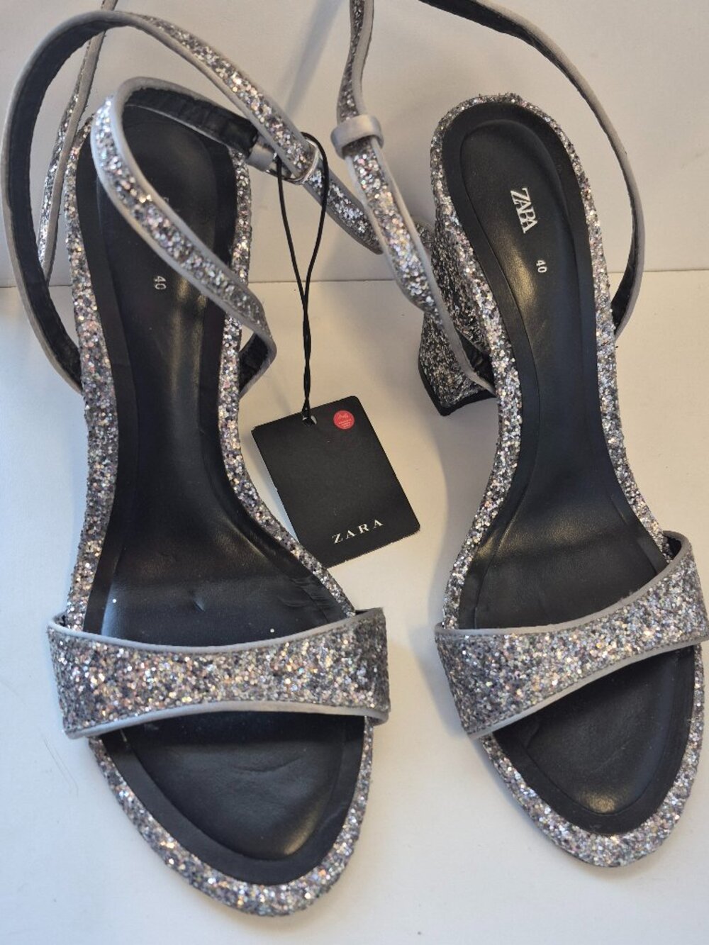 Zara Silver Glitter Block Heel Sandals Ankle Strap Party Heels Size 40